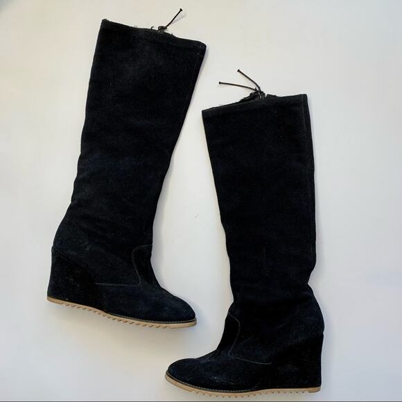 VINTAGE 1970s Black Suede Tall Boots Wedge Heel - Size 7-7.5 - Picture 4 of 11